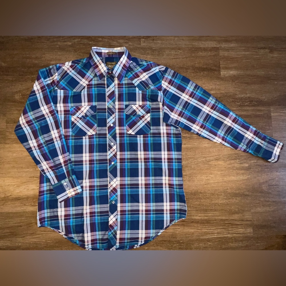 Vintage Plainsman Shirt Mens XLT‎ Plaid Pearl Snap Western Extra Long Tails D6